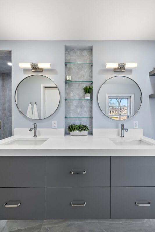 Contemporary gray painted floating vanity.