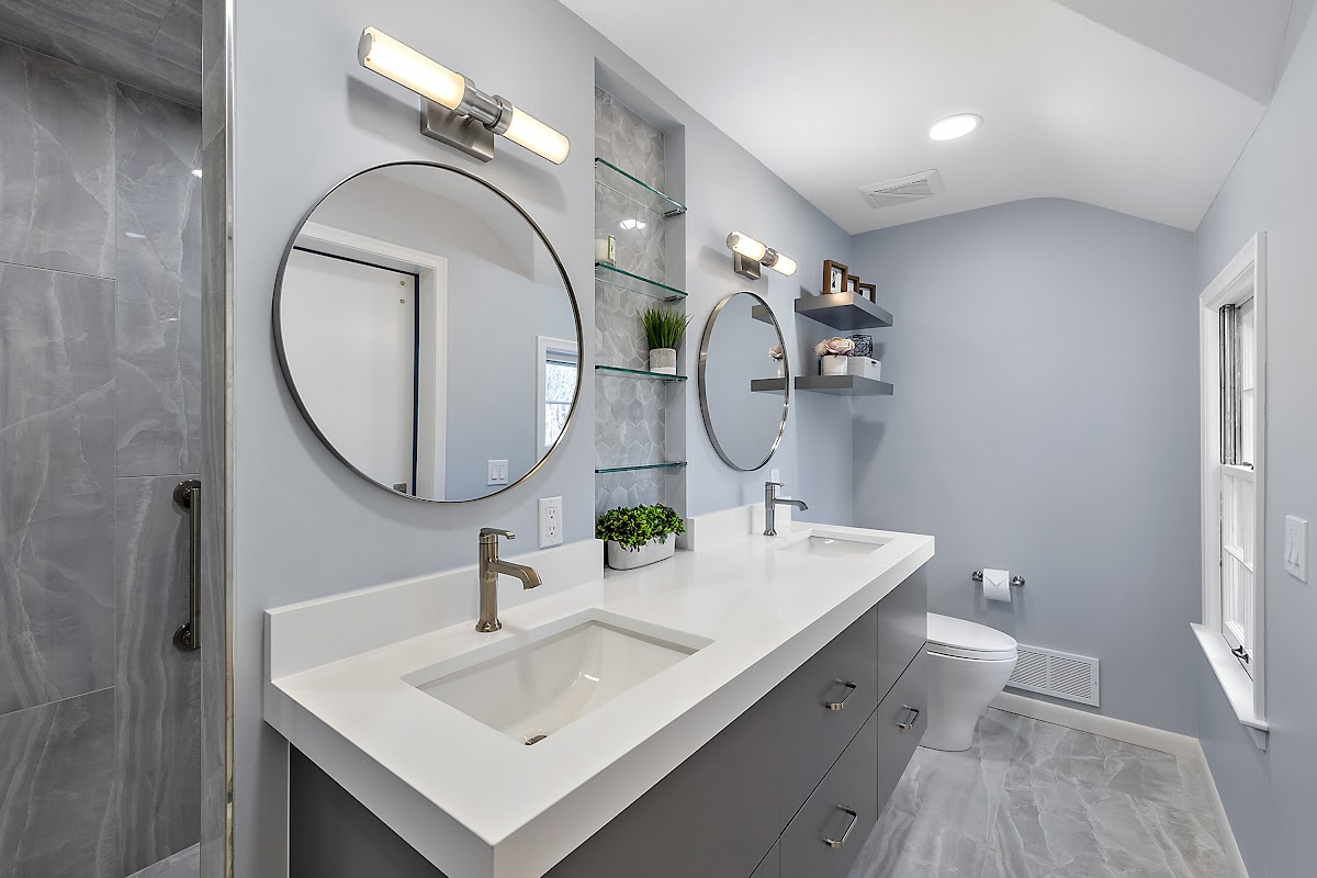 Contemporary gray painted floating vanity.