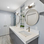 Contemporary gray painted floating vanity.