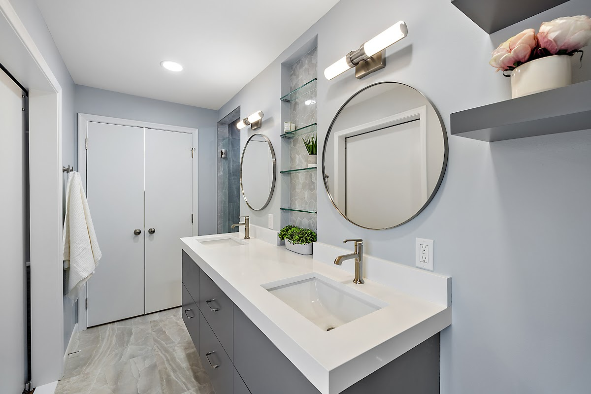 Contemporary gray painted floating vanity.