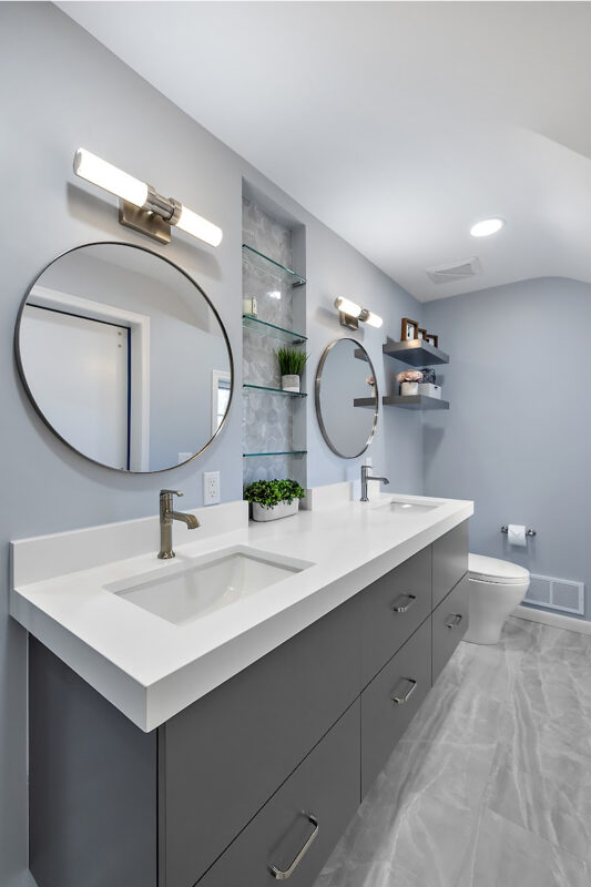 Contemporary gray painted floating vanity.