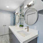 Contemporary gray painted floating vanity.