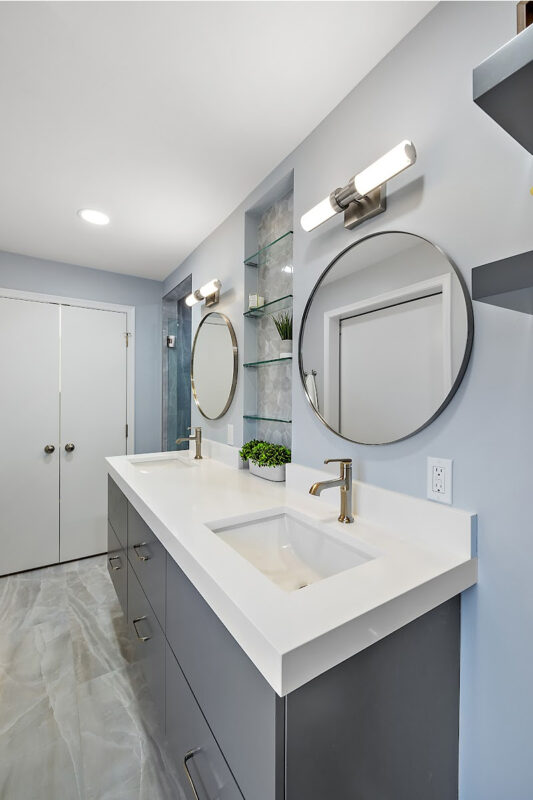 Contemporary gray painted floating vanity.