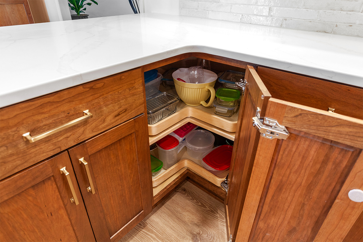 Wood susan base cabinet in a stain finish