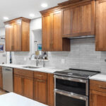 Stained kitchen cabinets with stove