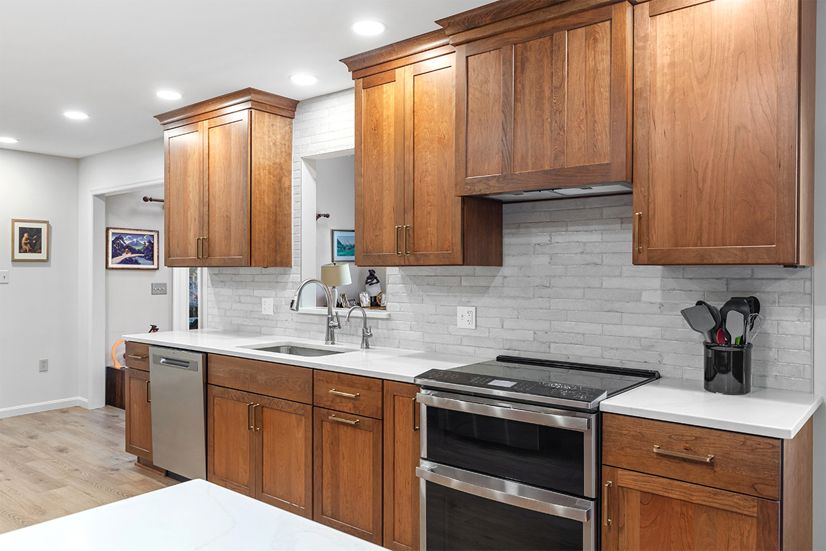 Stained kitchen cabinets with stove