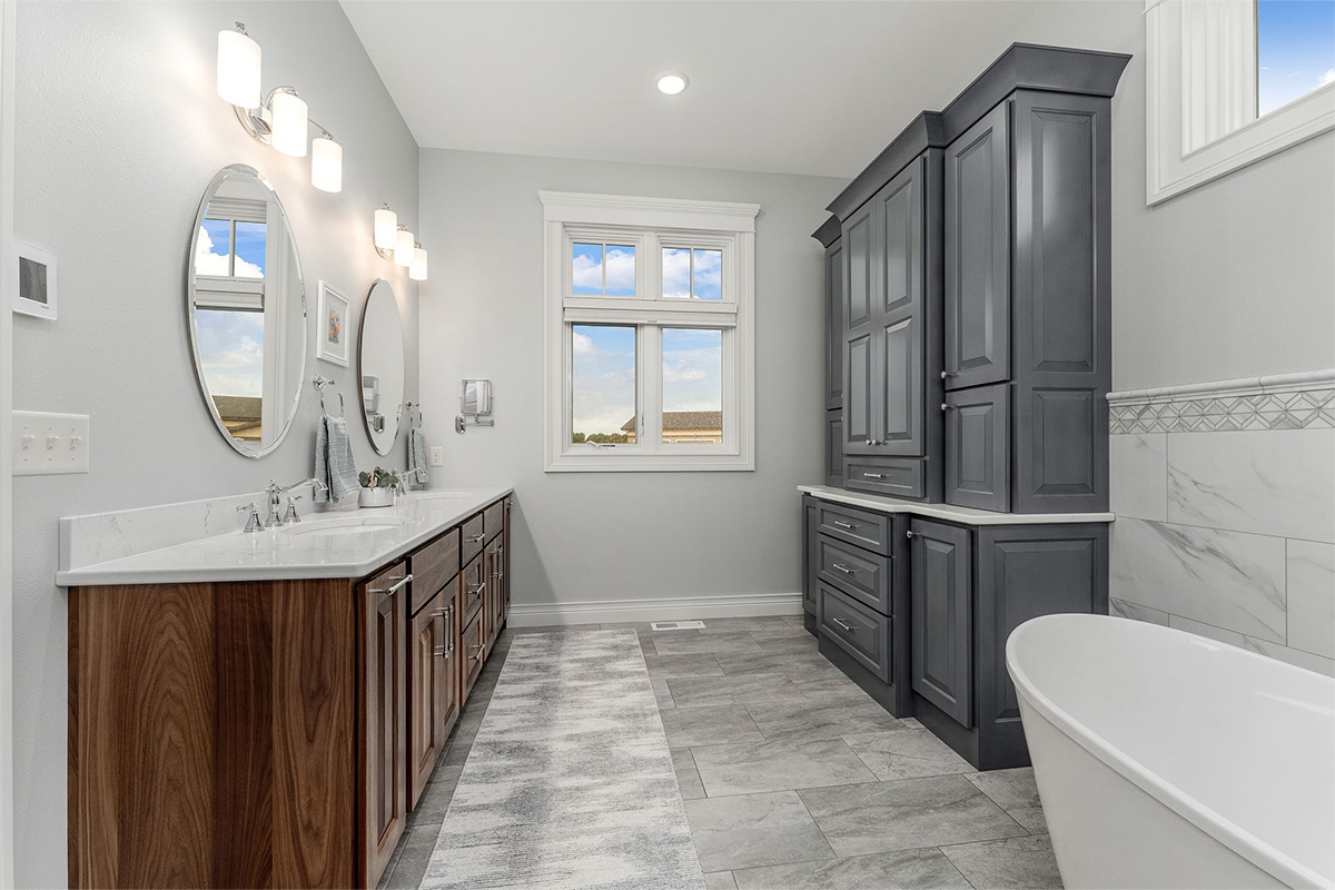 Stained and painted bathroom cabinets.