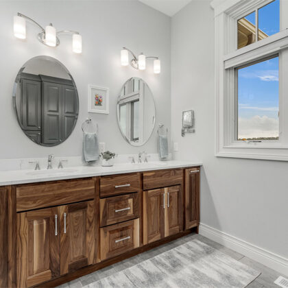 Stained bathroom cabinets.