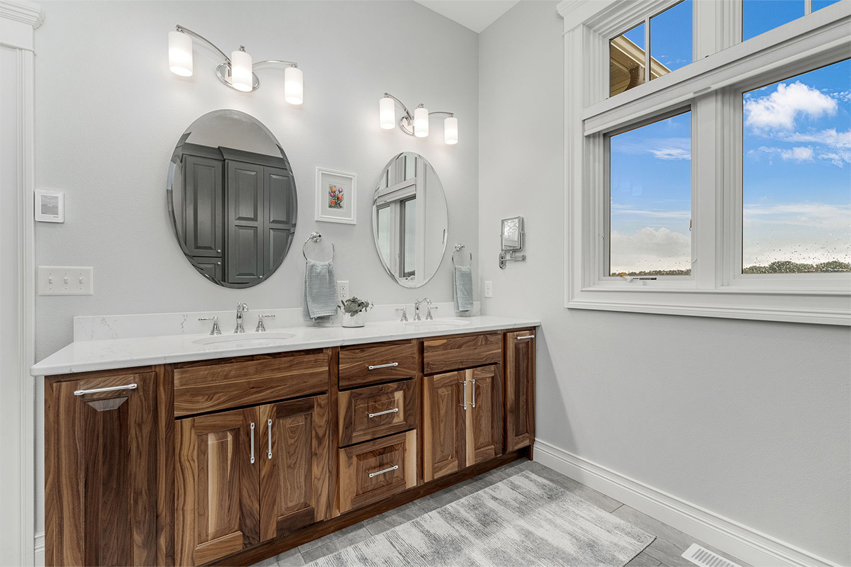 Stained bathroom cabinets.