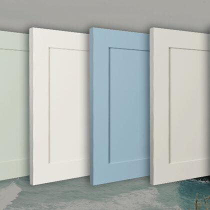 Row of cabinet doors painted in new coastal colors