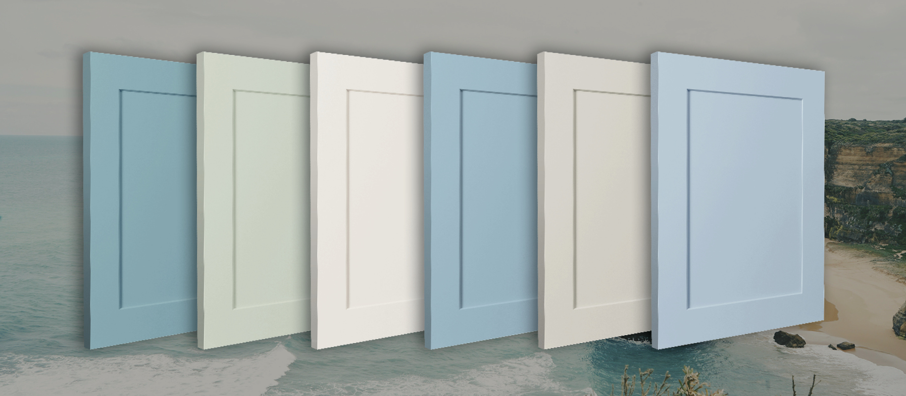 Row of cabinet doors painted in new coastal colors