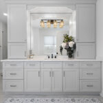 Light gray painted bathroom vanity
