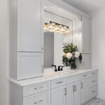 Light gray painted bathroom vanity