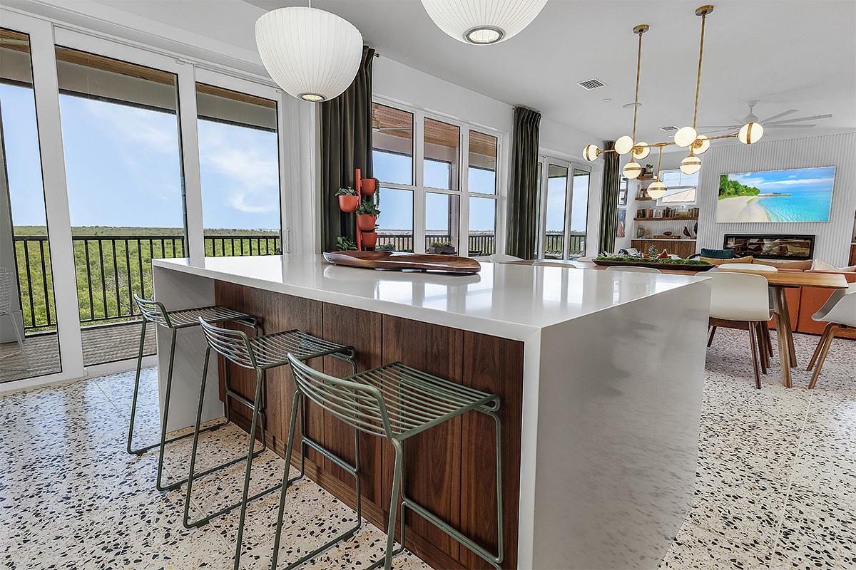 Mid-century modern kitchen in walnut natural cabinetry.