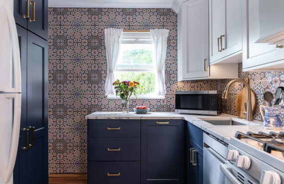 White and blue kitchen cabinets. View out a window.