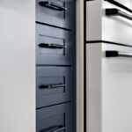 Blue and white painted kitchen cabinets