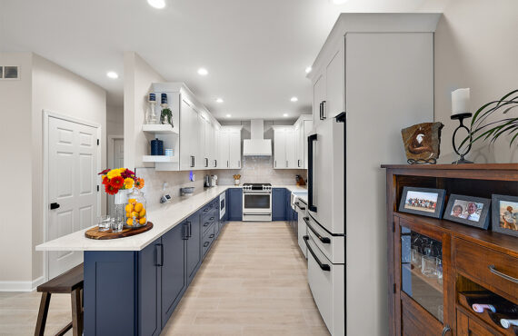 Blue and white painted kitchen cabinets
