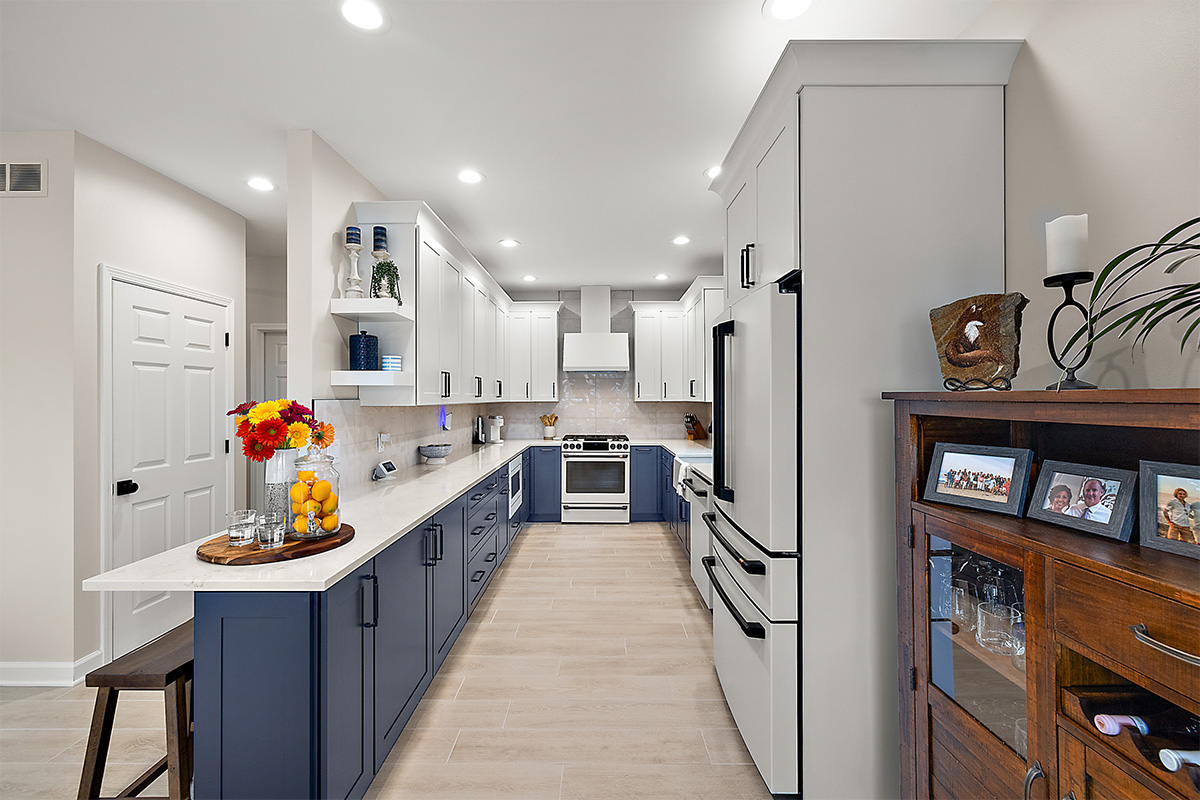 Blue and white painted kitchen cabinets