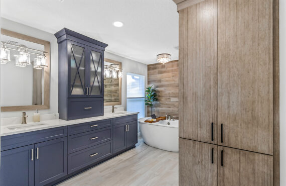 Blue bathroom vanity with Bamboo accent linen cabinet