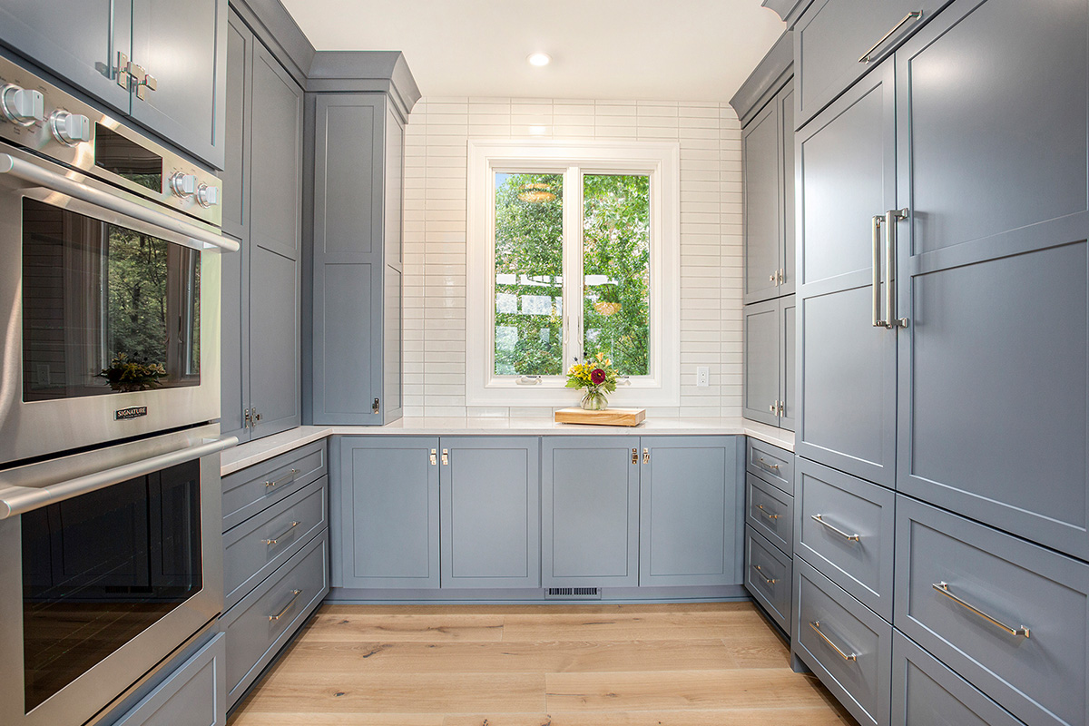 Blue pantry cabinets