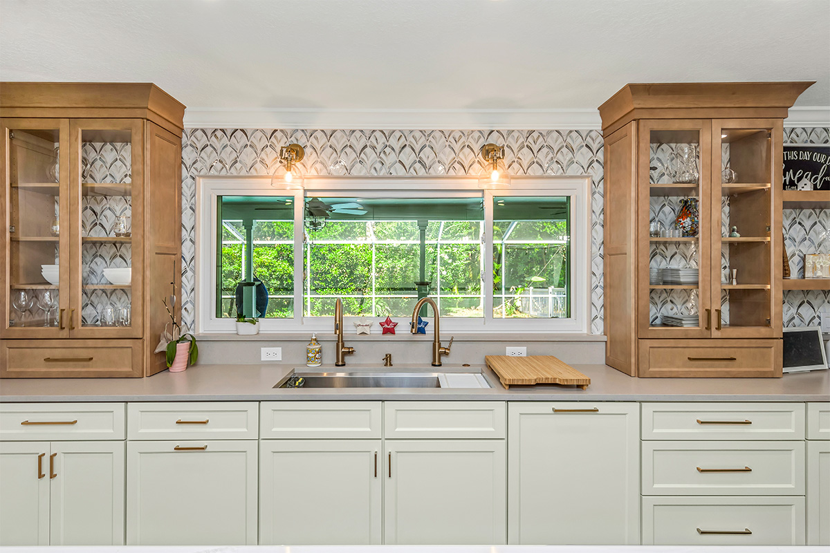 Painted and stained kitchen cabinets.