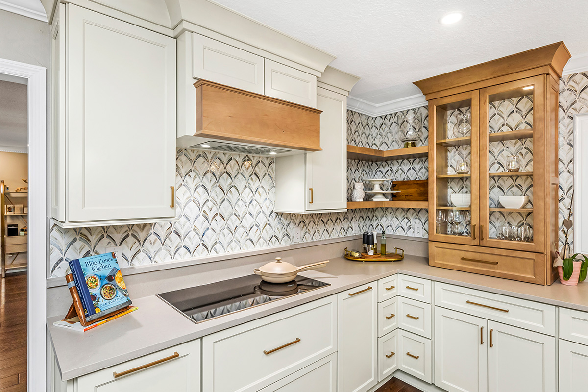 Painted and stained kitchen cabinets.