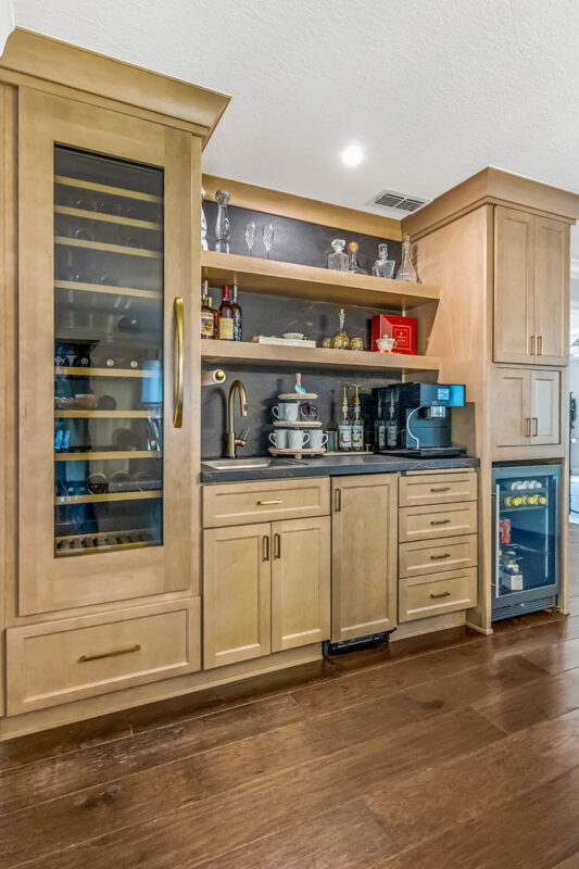 Stained bar cabinets.
