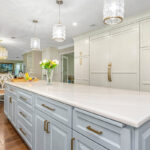 Painted and stained kitchen cabinets.