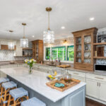Painted and stained kitchen cabinets.