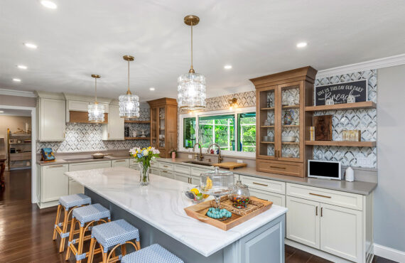 Painted and stained kitchen cabinets.