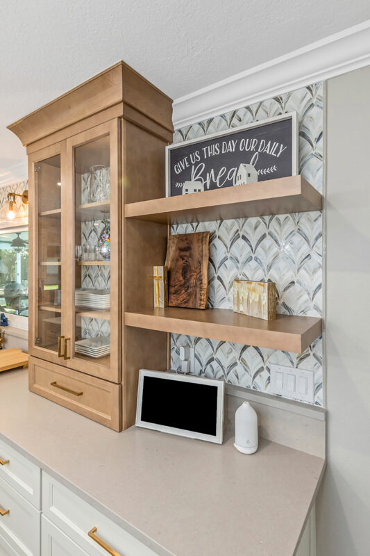 Painted and stained kitchen cabinets.