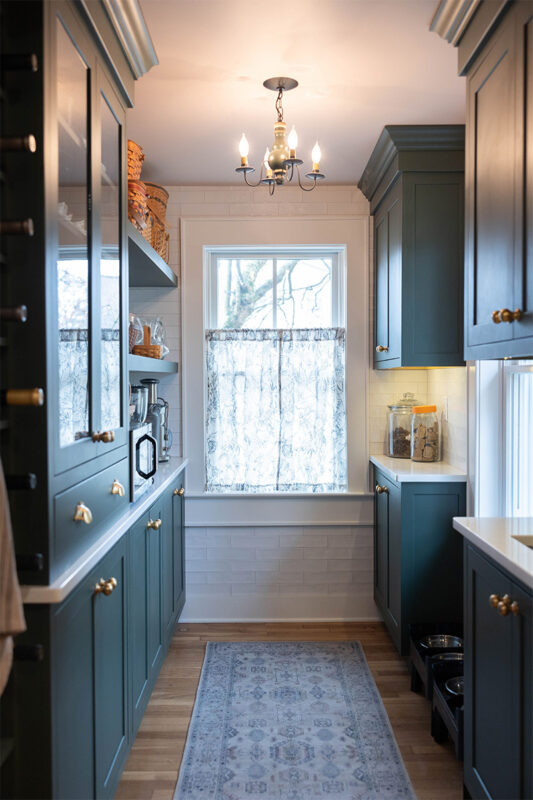 Purple painted kitchen cabinets.