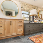 Stained and brown painted bathroom cabinets