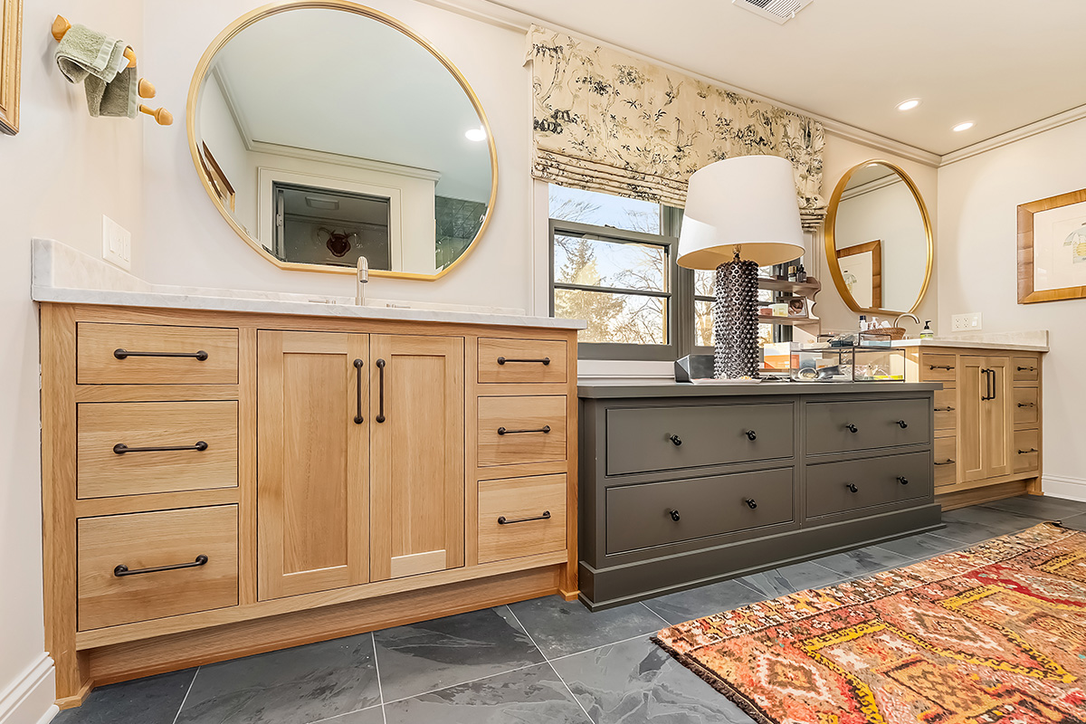 Stained and brown painted bathroom cabinets