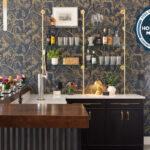 Dark stained cherry bar cabinets.