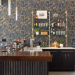 Dark stained cherry bar cabinets.