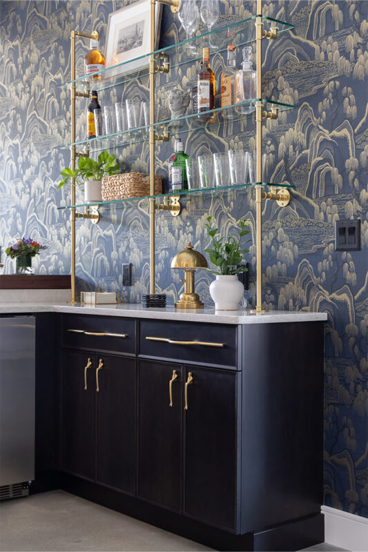 Dark stained cherry bar cabinets.