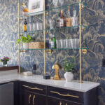 Dark stained cherry bar cabinets.