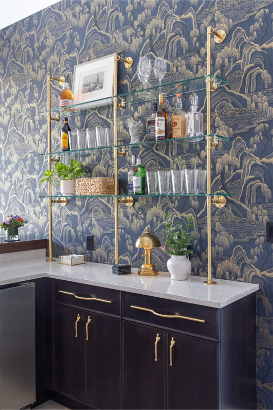 Dark stained cherry bar cabinets.