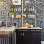 Dark stained cherry bar cabinets.