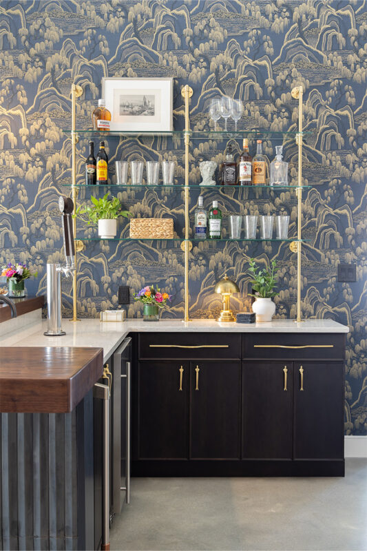 Dark stained cherry bar cabinets.