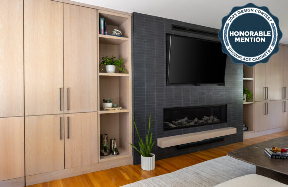 Dark brick fireplace with TV above and light stained cabinets on both sides.