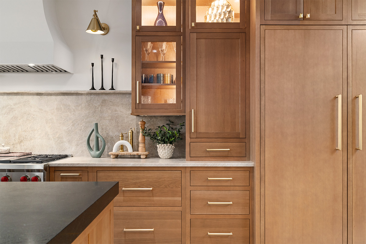 Stained white oak kitchen cabinets.