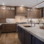 Brown-stained kitchen cabinets.
