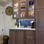 Brown-stained kitchen cabinets