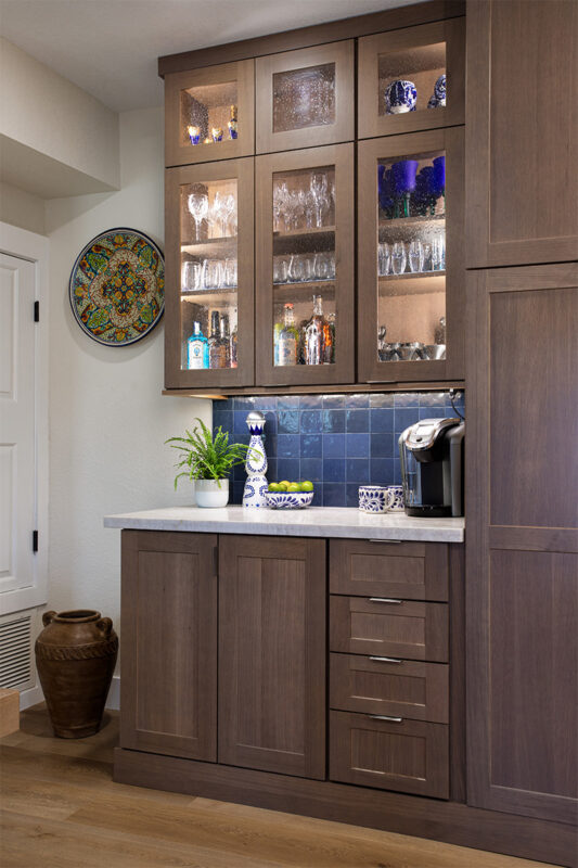 Brown-stained kitchen cabinets