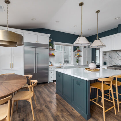 Blue and white kitchen with cabinets