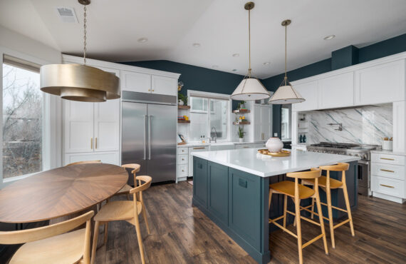 Blue and white kitchen with cabinets