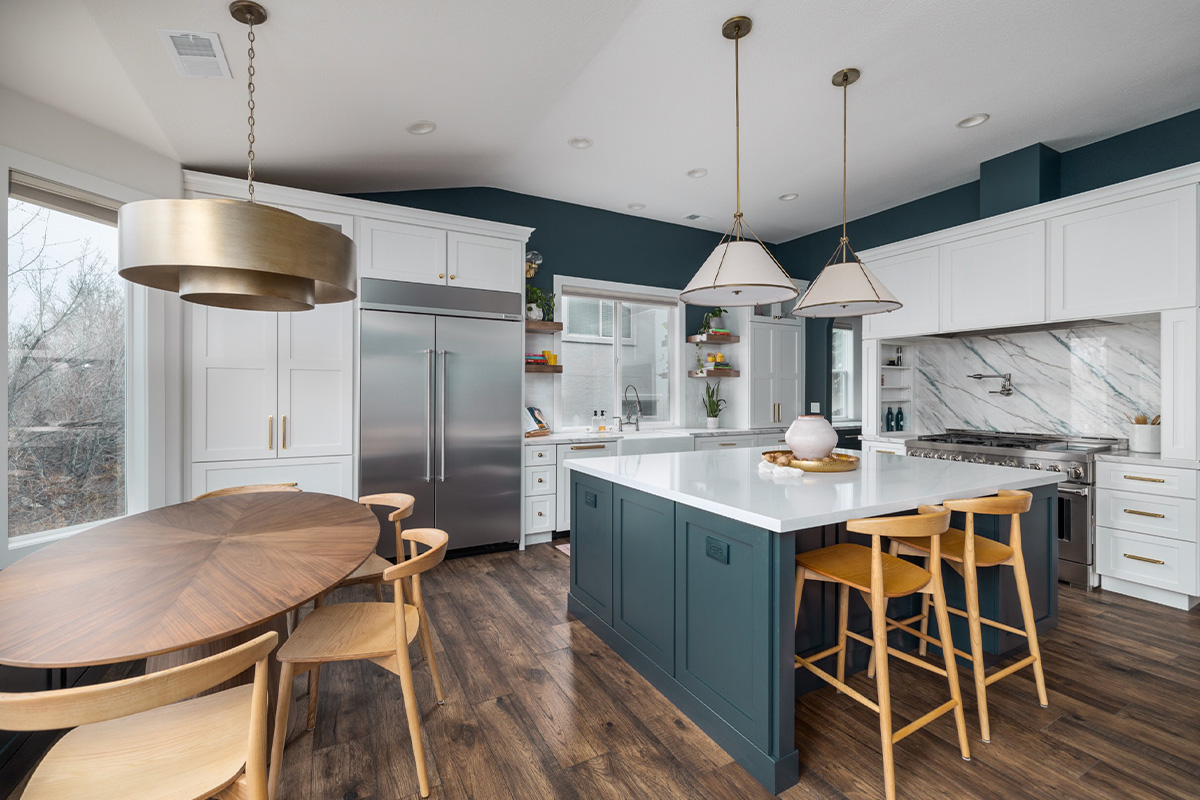 Blue and white kitchen with cabinets
