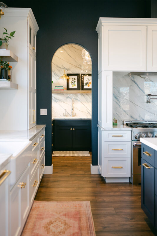Blue and white kitchen with cabinets